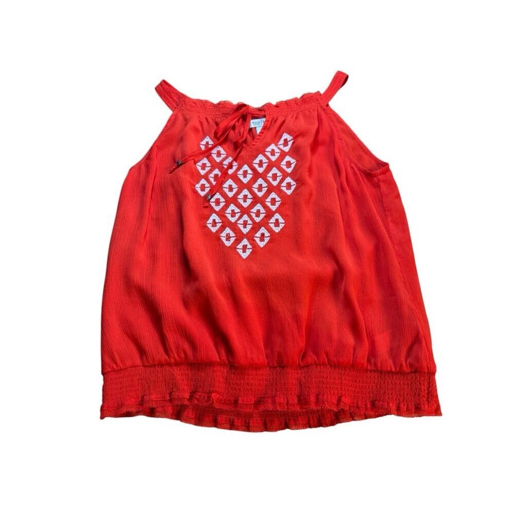 White House Black Market Red Embroidered Tank Top Smocked Hem Boho Medium